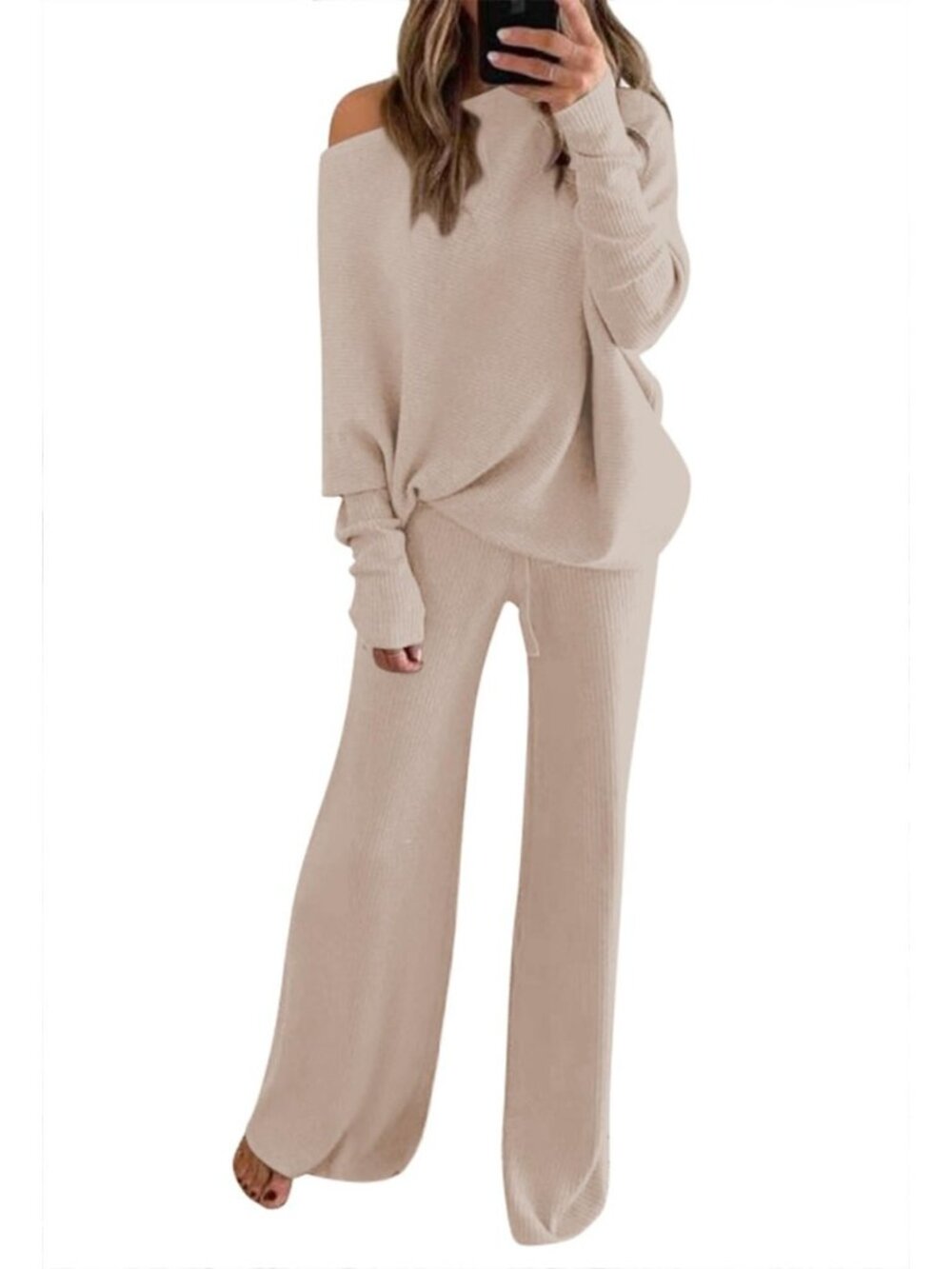 Womens Knitted Outfits 2 Pieces Sweatsuit Off the Shoulder Sweater Wide Leg Pant